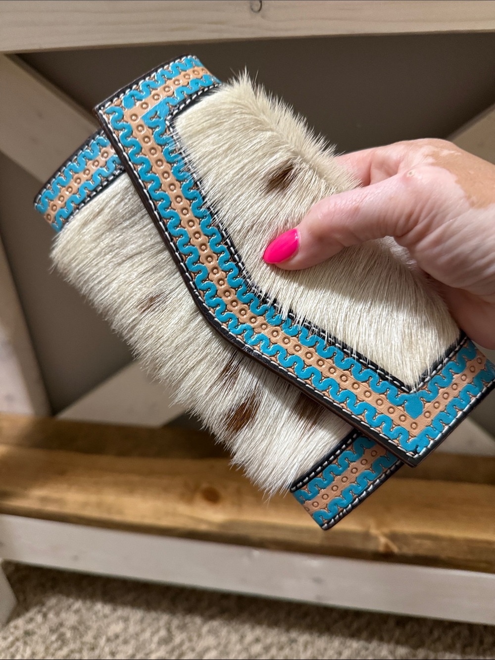 Genuine leather wallet-Handcrafted Leather Cowhide Wallet Tooled Turquoise; NWOT - Picture 2 of 12